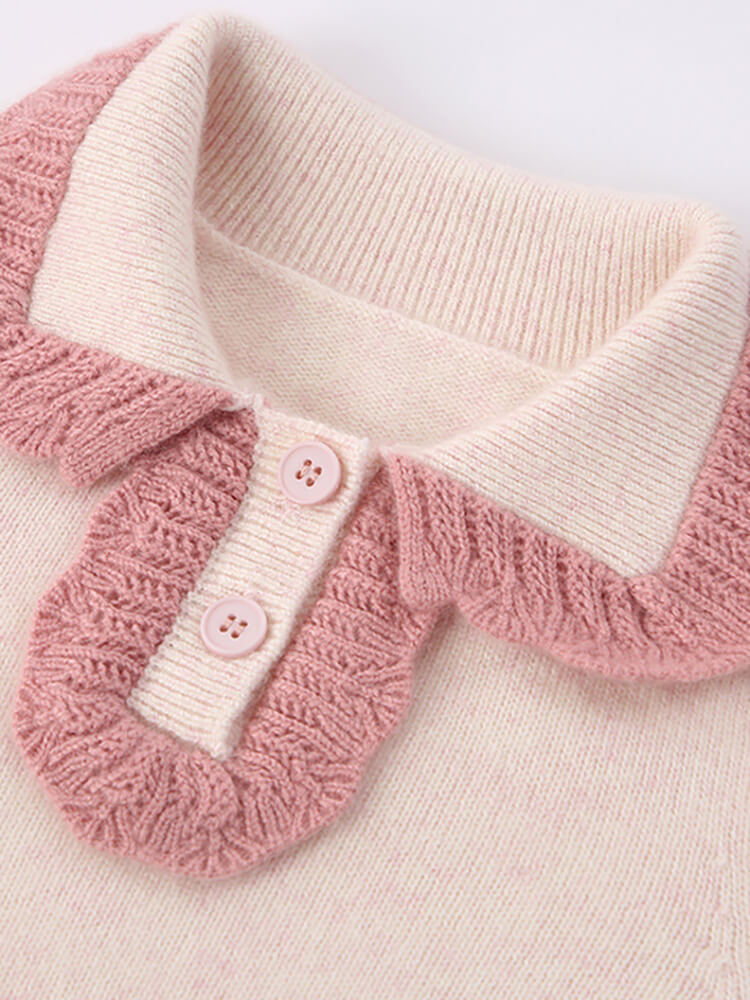 Girls Cream Pink Cashmere Sweater with Ruffled Contrast Collar